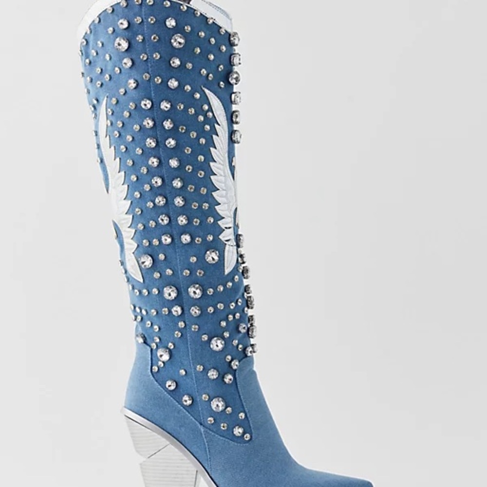 Blue Studded Knee-High Boots